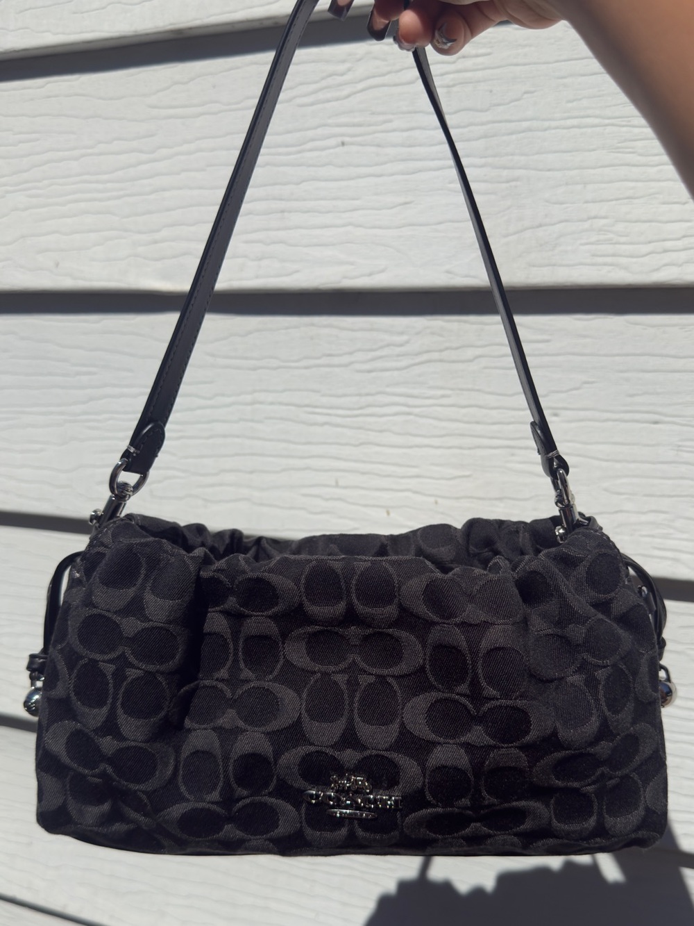 Coach Black Faye Signature Jacquard Shoulder Bag with Leather Strap